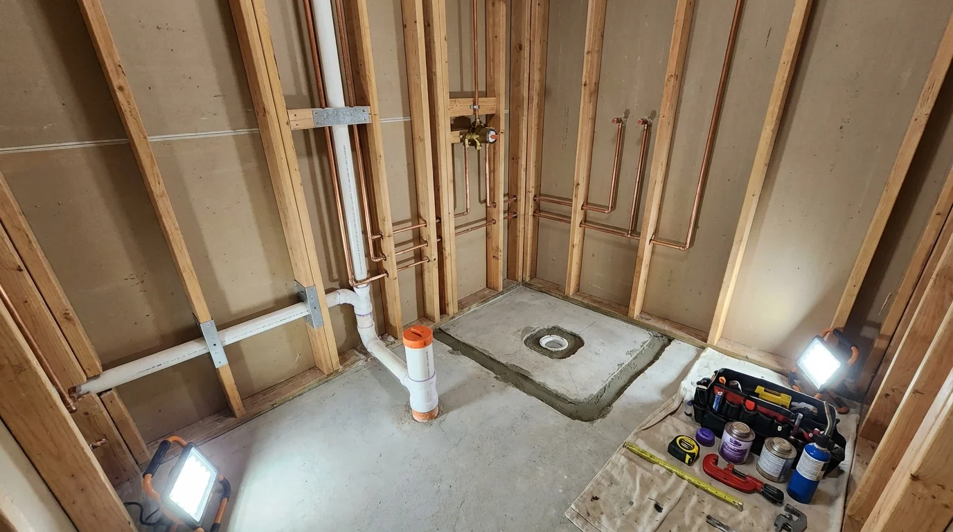 Bathroom rough-in plumbing during remodel by Johns Plumbing LLC in Newfane