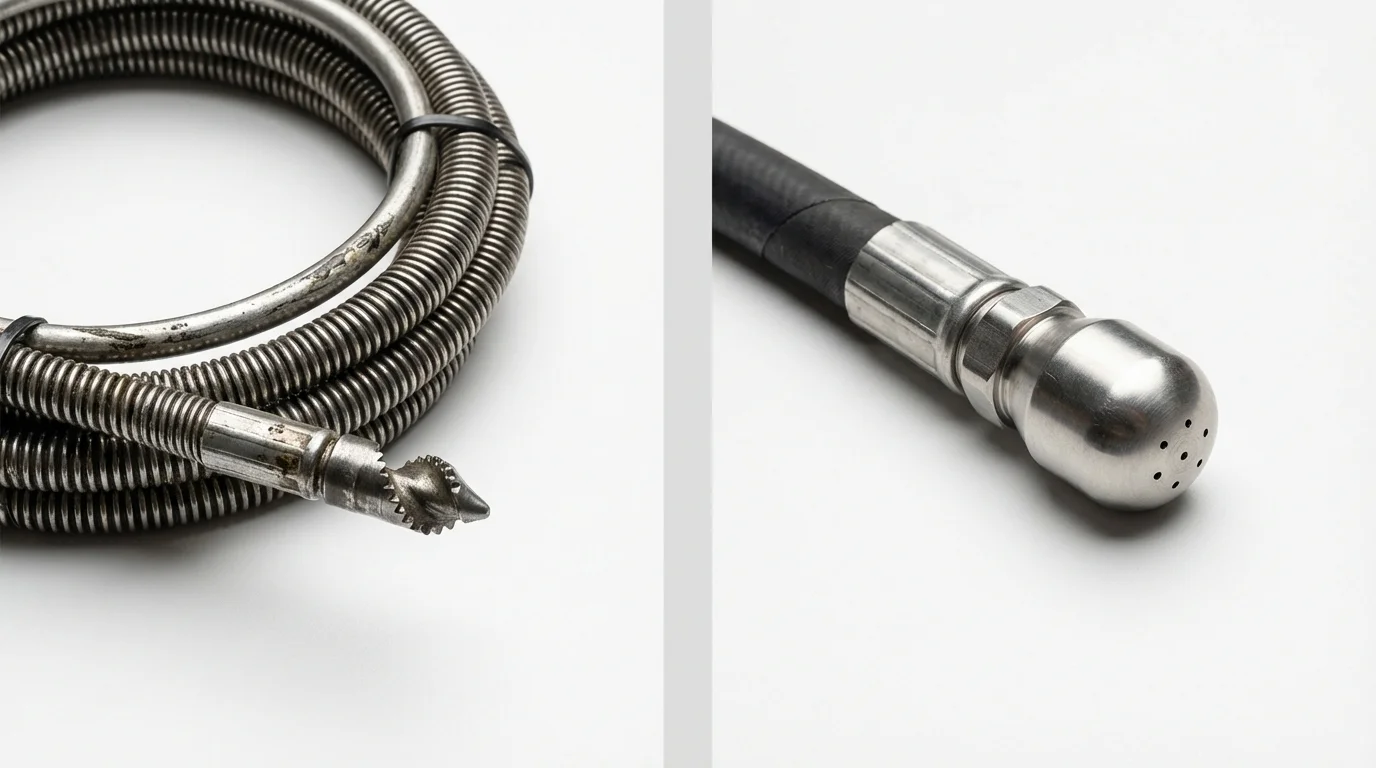 Drain snake cable and hydro jetting nozzle used for drain cleaning in Newfane, VT