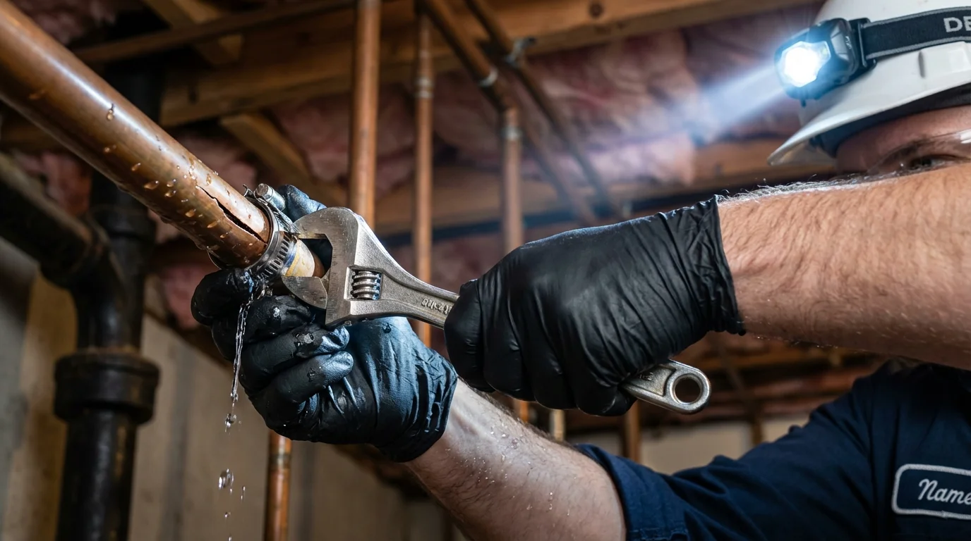 Emergency pipe clamp repair being performed by a Johns Plumbing LLC plumber in Newfane