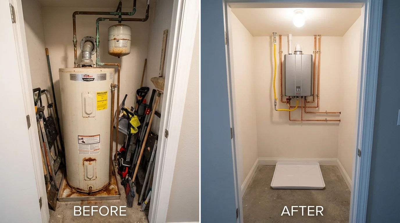 Tank water heater versus wall-mounted tankless unit comparison for Newfane, VT homeowners