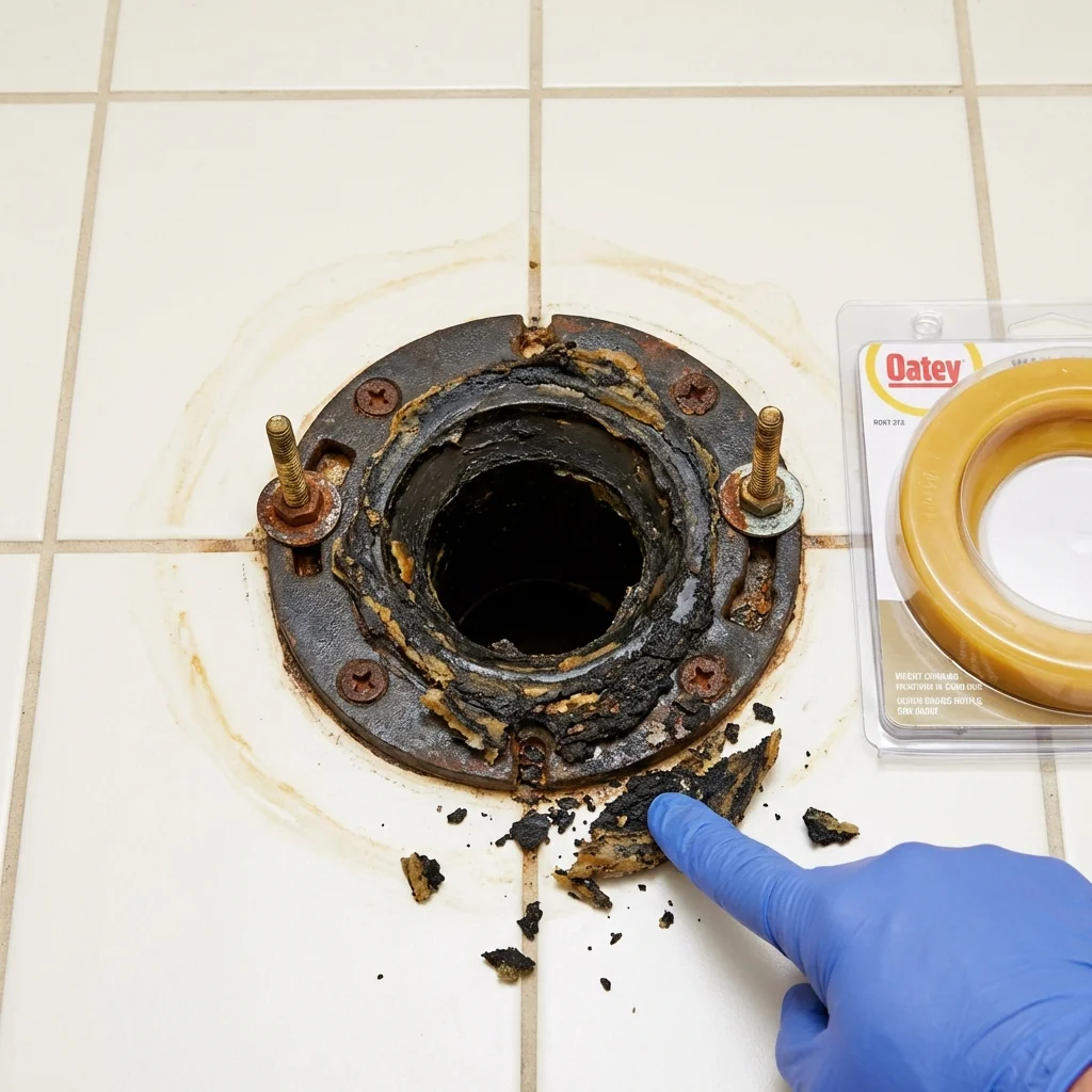 Failed wax ring showing water seepage at the base of a toilet in a Newfane, VT home