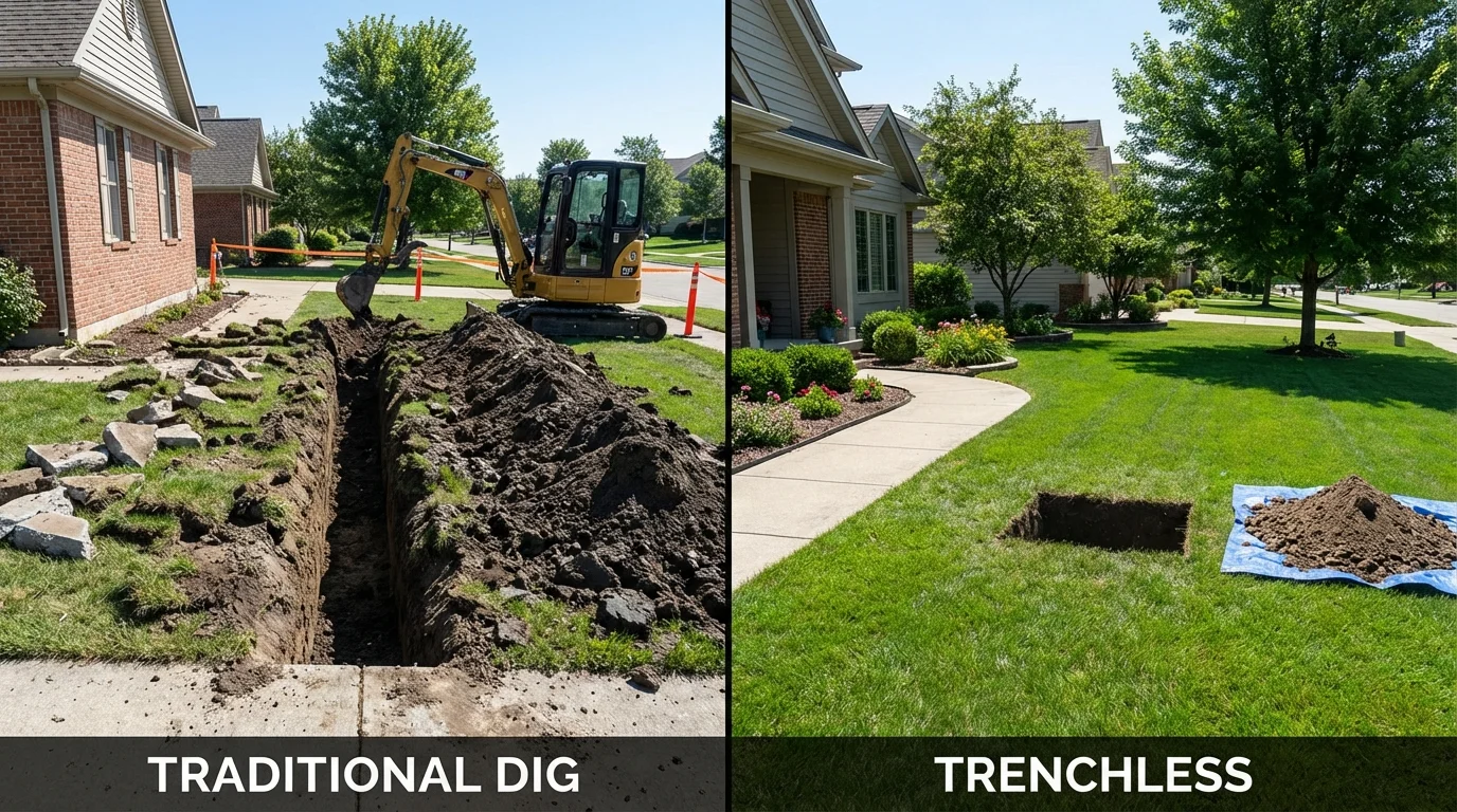 Trenchless sewer repair with minimal yard damage versus traditional excavation in Newfane, VT