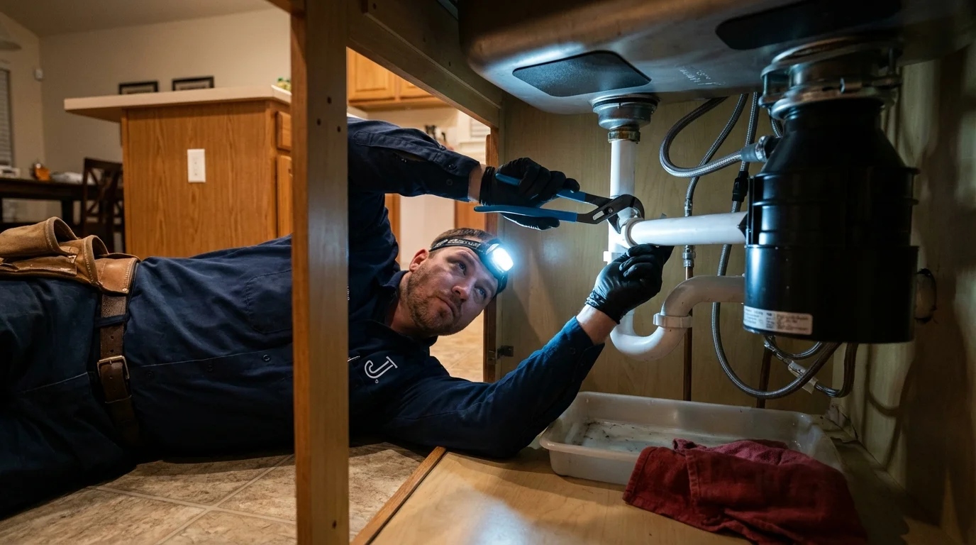 P-trap and supply line connections under a kitchen sink showing a common leak point in Newfane, VT